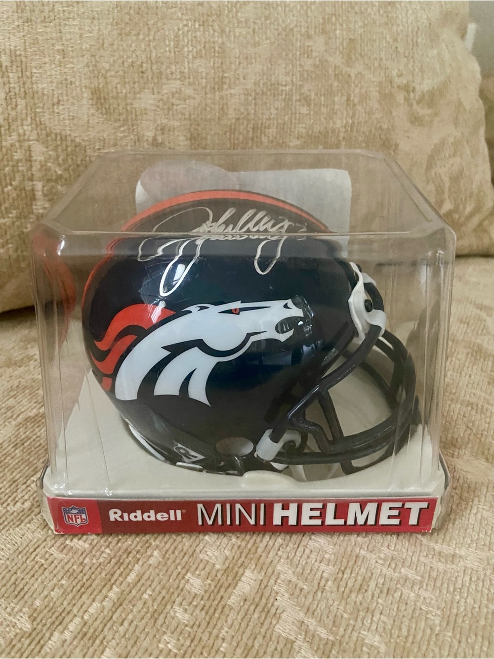 Authenticated Elway Broncos Riddell Mini Helmet - Navy with Orange & White Logo